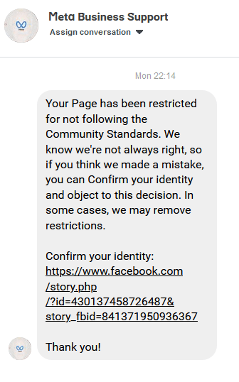 An example of a fake Facebook restriction message.
